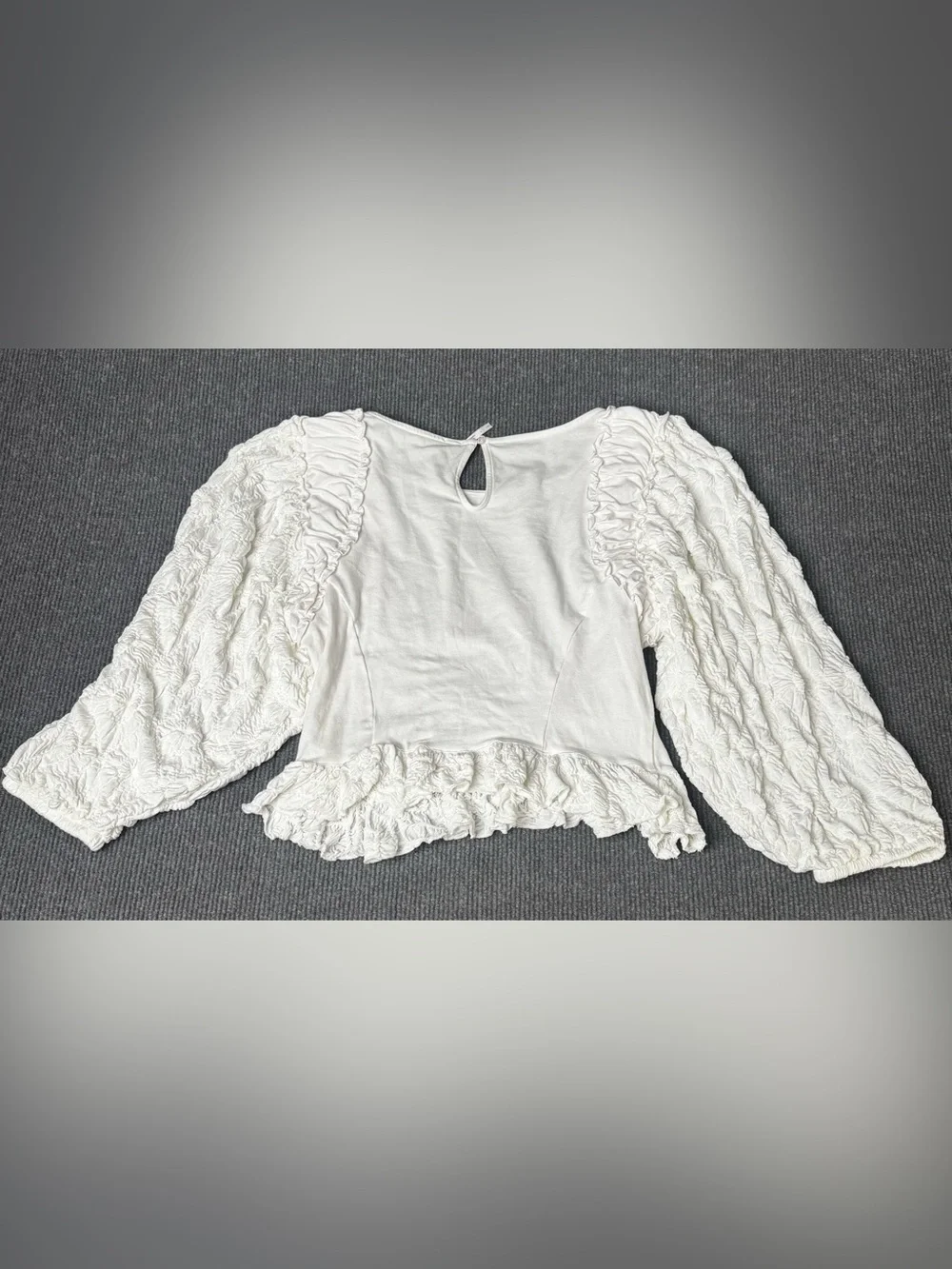 Free People Ivory Textured Puff Sleeve Peplum Blouse Size M